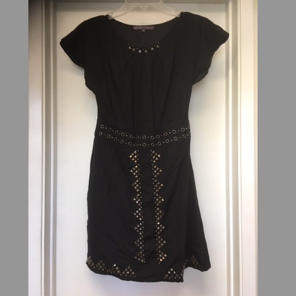 Hale Bob Black Silk Dress w Silver Studs Embellished EUC